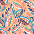 Colorful doodle botanical pattern. Vector print with hand-drawn simple plant elements.