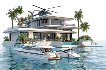 Wall Mural - Luxury beach house with a private helipad and a yacht docked in the crystal-clear waters, isolated on solid white background.