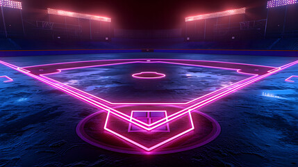 Wall Mural - A dynamic 3D render of glowing neon baseball field on a black background