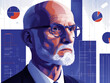 Vector illustration of an elderly man with glasses, surrounded by charts and geometric shapes.