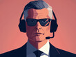 Illustration of a man with headphones and sunglasses, vector, isolated on pink.