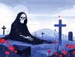 Stylized illustration of the Grim Reaper in a cemetery with crosses and red flowers.