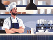Illustration of a contemplative male chef in a kitchen with arms crossed.