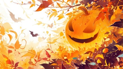 Sticker - Decorate your Halloween festival with a whimsical watercolor illustration of a Jack O lantern surrounded by mystical leaves