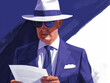 Illustration of a stylish man in a suit and hat reading a document.