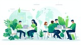 Fototapeta  - Group of people working in a collaborative and sustainable environment. Environmentally friendly flat design for improved productivity and collaboration.