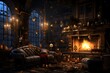 3D rendering of a fairy tale living room with a fireplace and a sofa