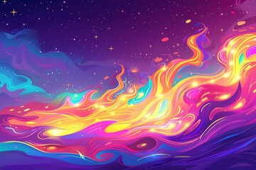 Colorful vector illustration of magic fire against a purple background with a pink and blue color scheme in the style of a cartoon Generative AI