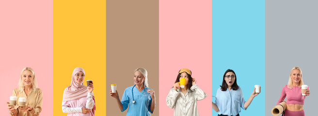 Poster - Collection of women with cups of coffee on color background