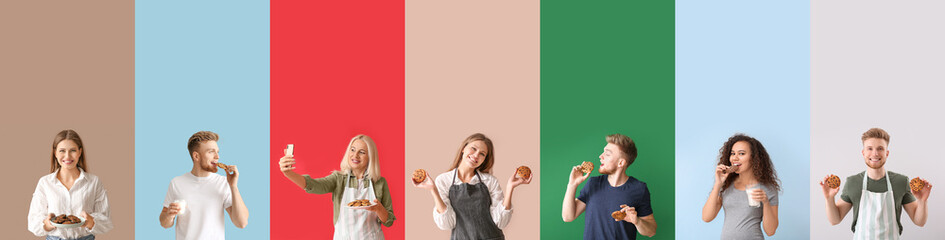 Canvas Print - Group of people with tasty cookies on color background