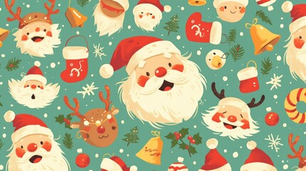 Wall Mural - Celebrate the holiday spirit with a Santa pattern in this festive Christmas themed 2d illustration
