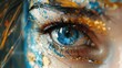 Close-up of a woman's blue eye with gold and blue face paint.