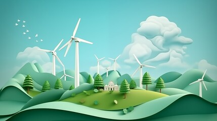 Paper art , renewable energy with green energy as wind turbines , Renewable energy by 2050 Carbon neutral energy.