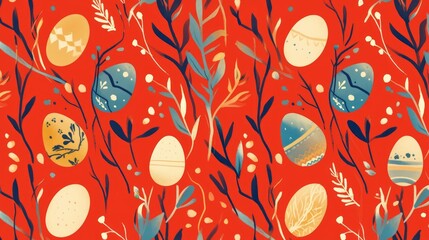 Wall Mural - A vibrant Easter wallpaper featuring a pattern of willow branches and eggs against a striking red background perfect for enhancing magazines textiles paper and greeting cards