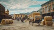 Town square as a western movie set. Spaghetti western. Cart loaded with straw bales. Travel concept

