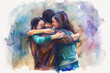 A painting depicting two individuals embracing each other in a heartfelt hug, showcasing a moment of connection and closeness between them