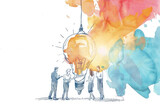Fototapeta Psy - Several individuals are gathered around a large light bulb, engaging in discussion and brainstorming, possibly symbolizing creativity and innovation