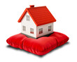 une maquette de maison et une clé posées sur un petit coussin rouge - fond transparent