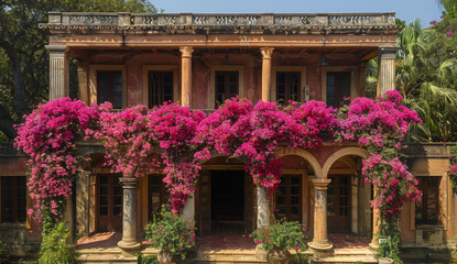 Poster - A charming building adorned with vibrant pink Bougainvillea flowers climbing its side, creating a picturesque and enchanting scene
