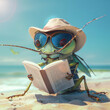 Happy summer background with insect wearing sunglasses and hat reading book Summer illustration