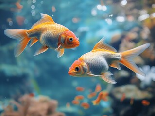 Wall Mural - Two goldfish swimming in a tank with other fish. The tank is blue and has a coral reef background