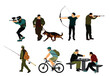 Man outdoor hobby activity set vector illustration isolated. Archer boy and hunter man with rifle. Fisherman. Friends play chess game in park. Paintball  action. Male riding bicycle. Urban dog running