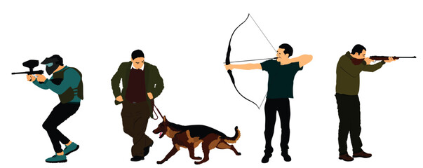 Man outdoor hobby activity set vector illustration isolated. Archer boy with bow and arrow. Sport hunter man with rifle. Guy paintball action in park. Mature male urban dog running German shepherd.