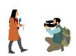 Journalist girl news reporter interview with camera crew vector illustration isolated. TV reporter woman interview people public opinion. Cameraman, light, sound assistant backup to presenter lady.