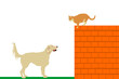 Labrador retriever dog stalks the cat on brick wall vector illustration isolated on white. Dog barks and wont to catch cat, but he cant reach her because of height. Outdoor pet fun game urban backyard