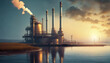 Illustration of a refinery near a lake at sunset, towers emit smoke against an orange sky causing pollution in the atmosphere, highlighting industrial impact. Generative Ai.