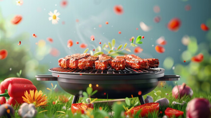 Juicy steaks grilling on a modern barbecue surrounded by vibrant flowers and vegetables, depicting a summer cookout.