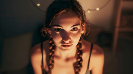 Portrait of a cute teenage girl with brown hair and braids looking at camera. A teenager in her room at night with a seductive smile and captivating gaze.