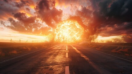 Wall Mural - A huge fireball explodes over the horizon of a distant road in a concept picture about man-made disaster.


