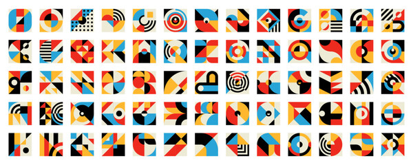 Aufkleber - Abstract geometric elements, modern pattern of color square, circle, triangle and rectangle vector shapes. Modern simple graphic elements of line, dots, arches and zigzag compositions, minimal art