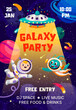 Kids galaxy space party flyer or invitation poster with kid astronaut and alien, vector background. Kids party or music entertainment event flyer with planets and spaceship rocket in starry sky