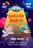 Fototapeta  - Kids galaxy space party flyer or invitation poster with kid astronaut and alien, vector background. Kids party or music entertainment event flyer with planets and spaceship rocket in starry sky