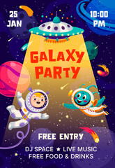 Poster - Kids galaxy space party flyer or invitation poster with kid astronaut and alien, vector background. Kids party or music entertainment event flyer with planets and spaceship rocket in starry sky