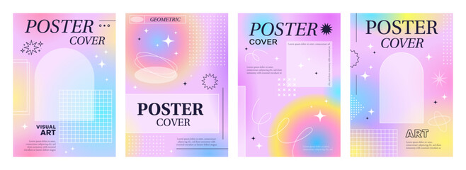 Poster - Aesthetic modern Y2K gradient poster covers with frames and backgrounds, vector templates. Pastel or neon rainbow color gradient posters with Y2K aesthetic geometric and simple minimal line frames