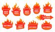 Hot price deal labels promotion offer emblems with fire flames. Isolated vector badges or icons with red burning blaze tongues. Special offer promo tags for discounted items, retail or clearance sales