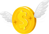 Fototapeta  - Golden coin on wings, flying dollar money 3D vector icon for casino, bank and finance. Cartoon gold coin on wings for bonus award, investment, payment and currency cash wallet or financial wealth