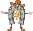 Cartoon retro horseshoe Wild West groovy character. Old american Western sheriff horseshoe vector personage with vintage cowboy hat and boots, golden star and sun. Groovy funky Western marshal emoji