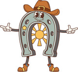 Fototapeta  - Cartoon retro horseshoe Wild West groovy character. Old american Western sheriff horseshoe vector personage with vintage cowboy hat and boots, golden star and sun. Groovy funky Western marshal emoji