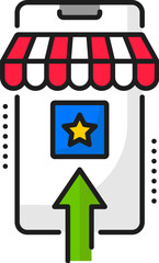 Fototapete - Cellphone application develop and publishing, mobile software coding, web app optimization linear icon. Online service or mobile phone soft development line vector icon with cellphone and store canopy