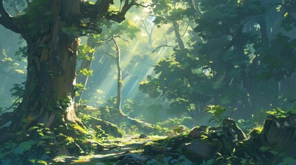 Wall Mural - Sunlight streaming into the dense jungle
