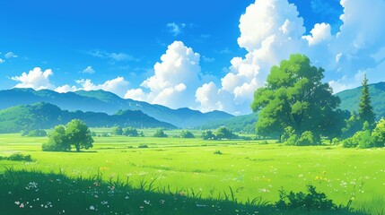 Wall Mural - Experience the vibrant beauty of a summer landscape where lush green grass flourishing bushes and towering trees adorn a meadow nestled at the base of majestic mountains This cartoon 2d pano