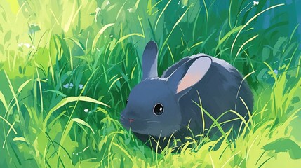 Wall Mural - A gray Easter egg rabbit blends seamlessly among the lush green grass