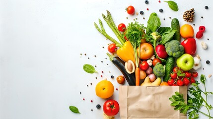 Canvas Print - Colorful Assortment of Fresh Fruits and Vegetables Falling into a Paper Bag. Healthy Eating Concept. Vibrant Produce. Grocery Shopping Image. AI