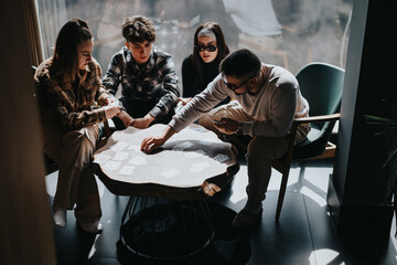 Poster - Casual gathering of young friends focused on a card game around a wooden table in a room with natural light.