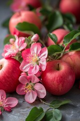 Poster - A cluster of glossy red apples with delicate pink flowers on a textured surface.