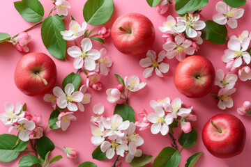 Canvas Print - Red apples amidst white blossoms on a soft pink surface.